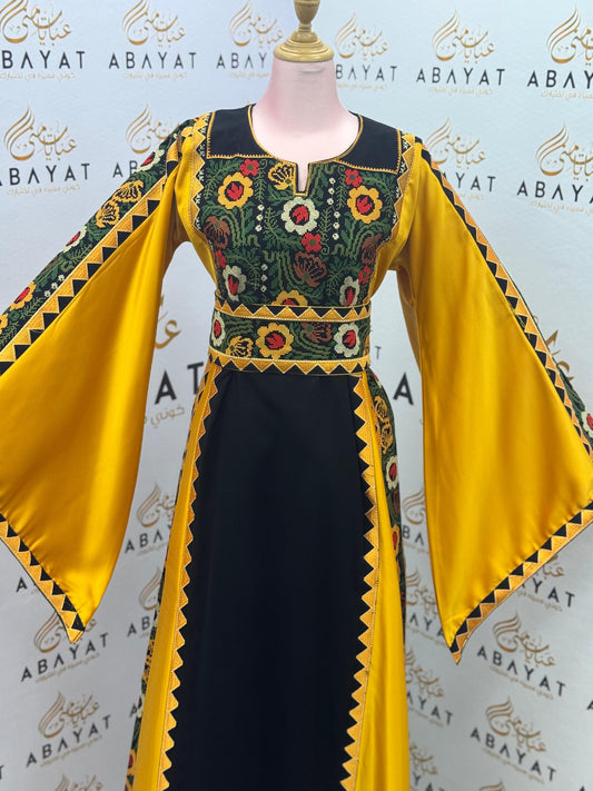 Mustard Yellow & Black Palestinian Embroidery Thobe – Heritage Floral Design A09082025