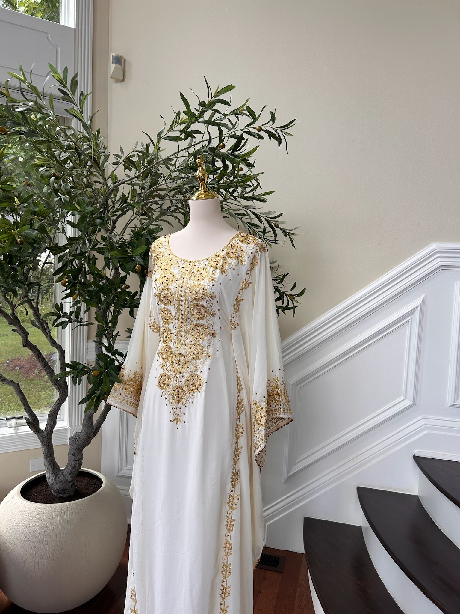 Luxury White Kuftan Golden Detail Gown