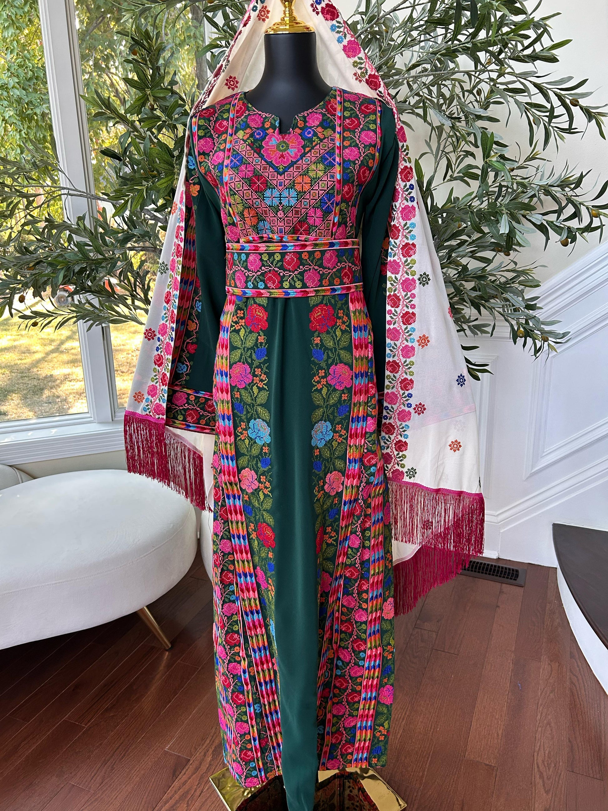 Green Floral Embroidered Tatreez Thobe