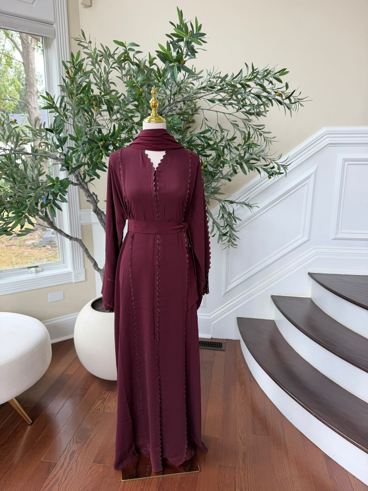 Burgundy Elegance Beaded Charm Abaya