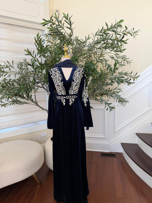 Navy Blue Velvet Beaded Stone Charm Abaya