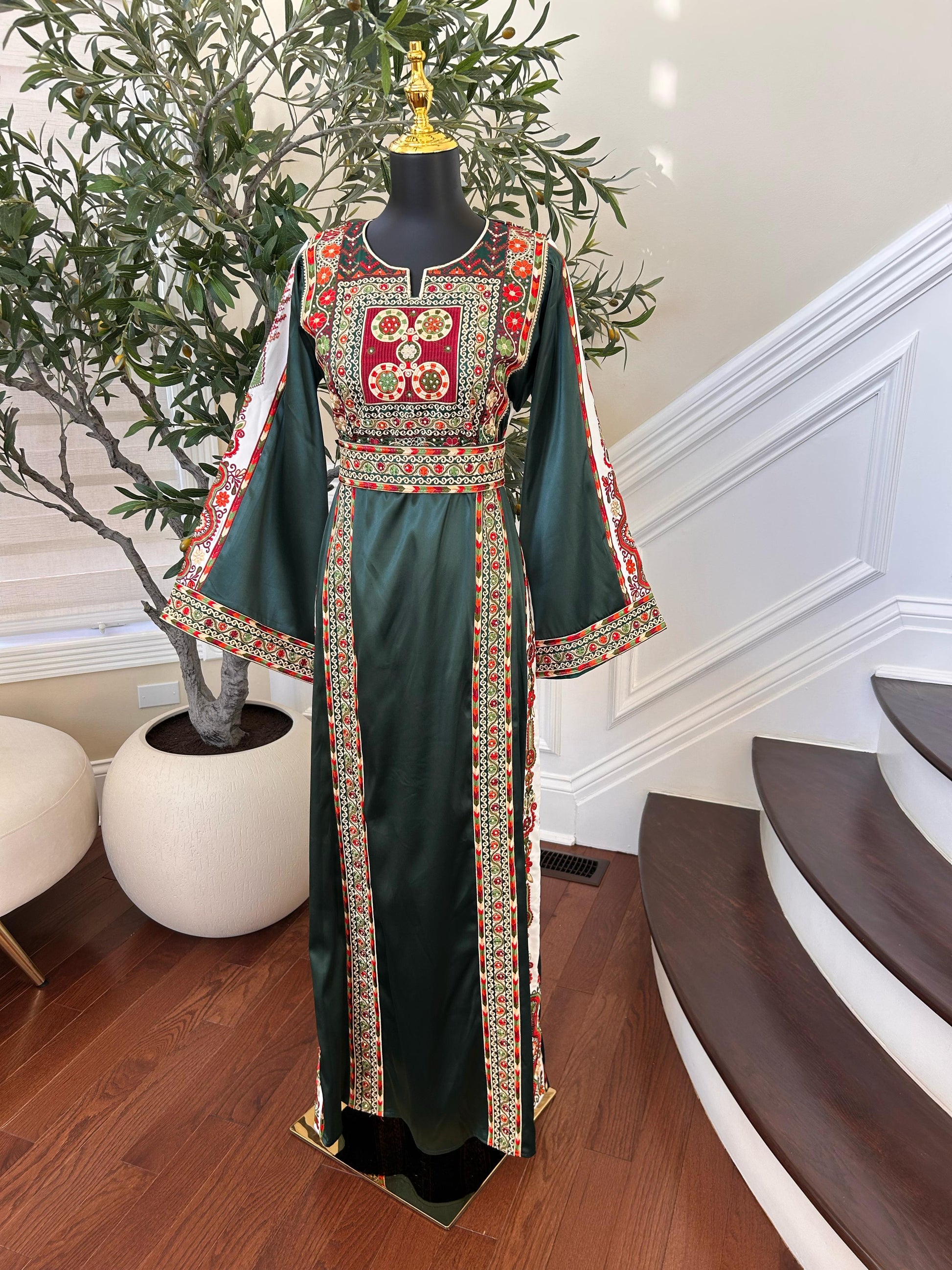 Green Satin Tatreez Embroidered Thobe