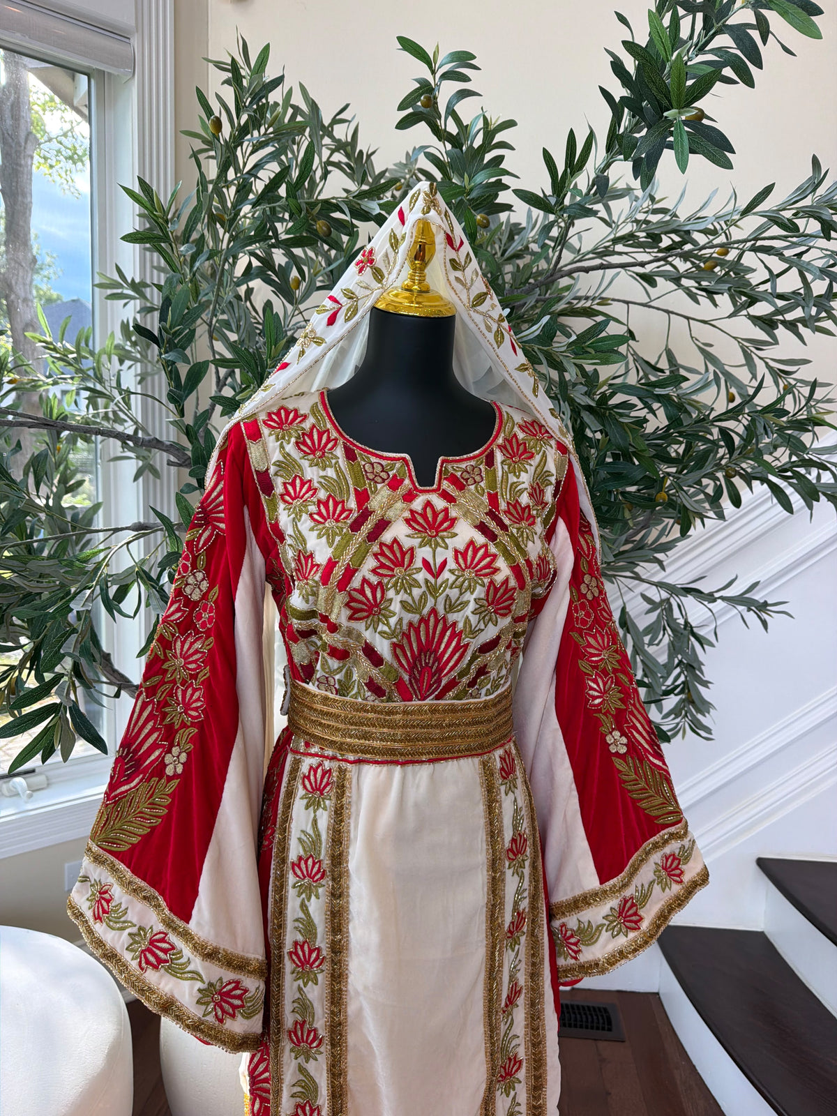 Elegant Cream and Red Thobe with Gold Floral Embroidery(scarf not included)
