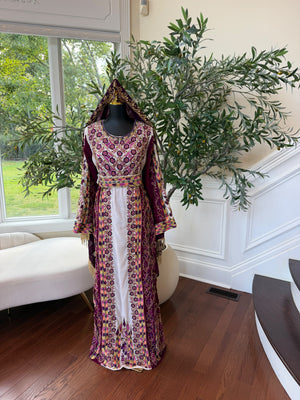 Elegant Purple and Cream Thobe with Intricate Floral Embroidery and Gold Accents (scarf not included)