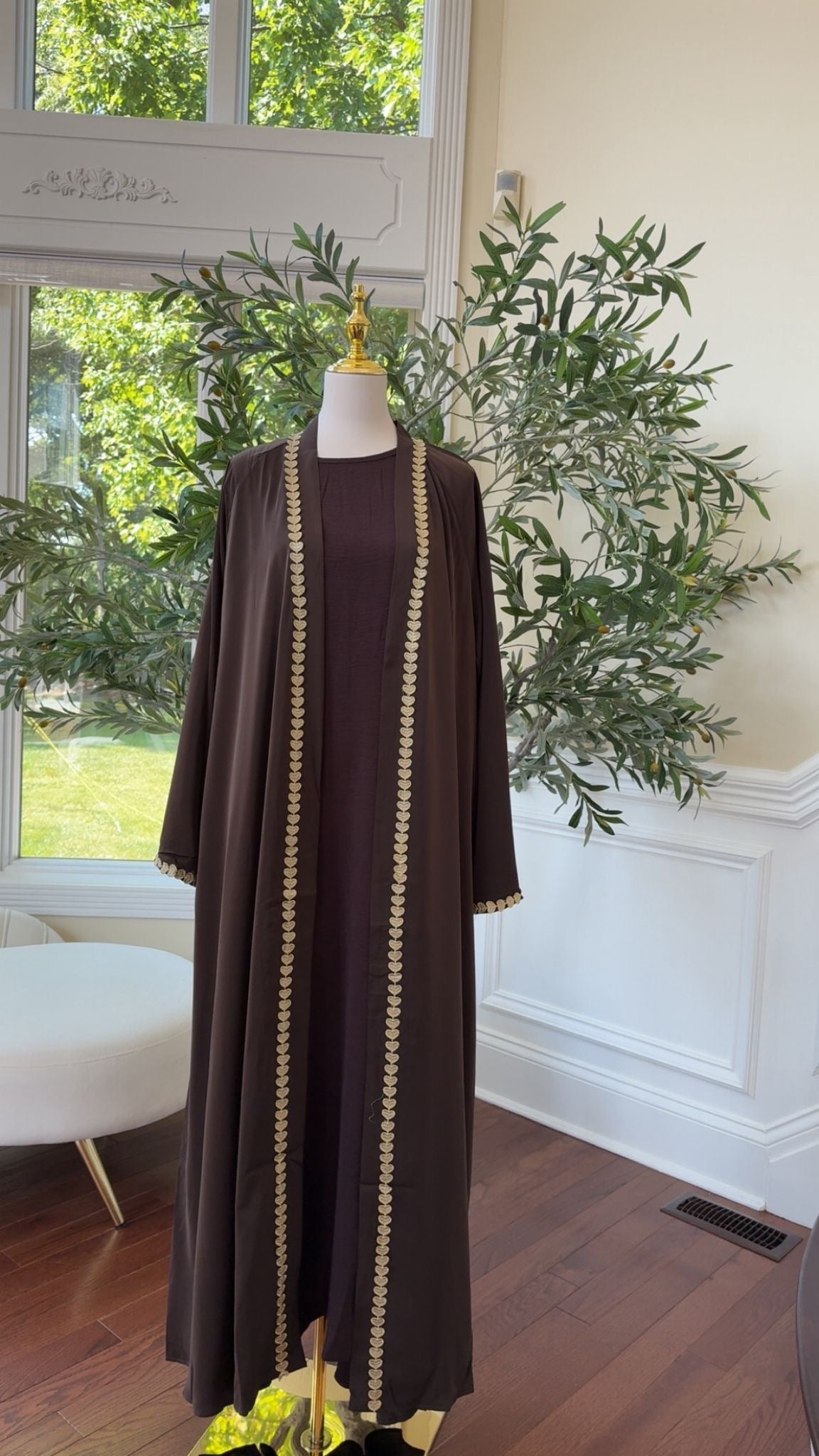 Dark Coffee Two-Piece Abaya with Intricate Luxe Detailing