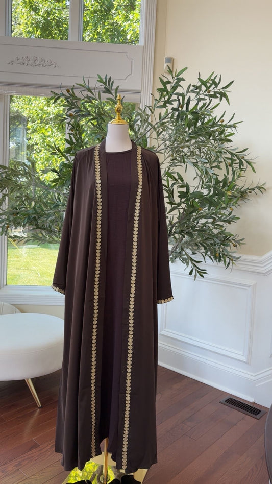 Dark Coffee Two-Piece Abaya with Intricate Luxe Detailing