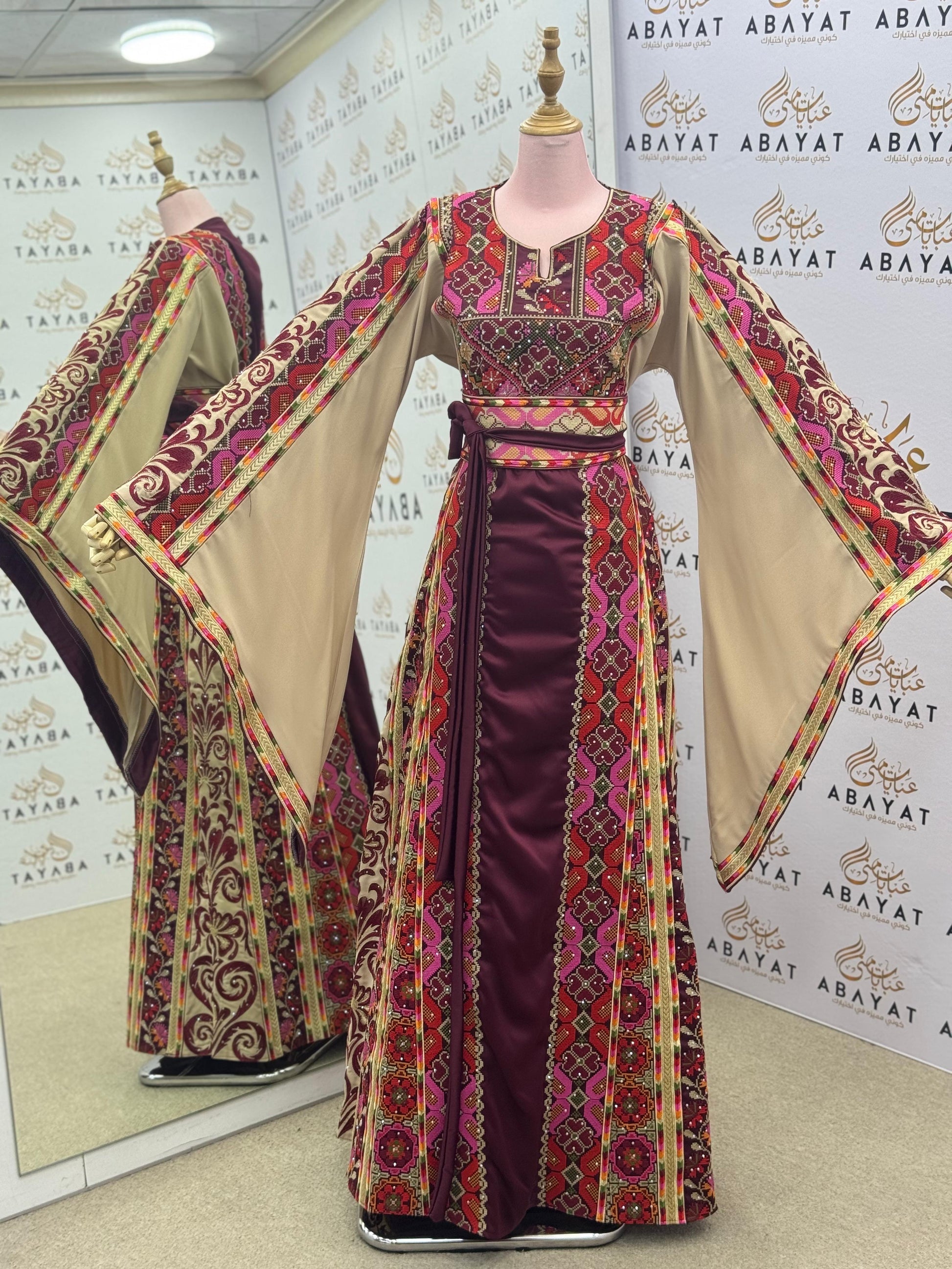 Burgundy & Beige Palestinian Embroidery Thobe – Colorful Geometric Elegance A09092025
