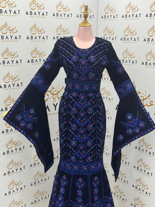 Midnight Blue Velvet Palestinian Thobe – Purple & Blue Tatreez Embroidery with Belt A09042025