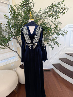 Navy Blue Velvet Beaded Stone Charm Abaya