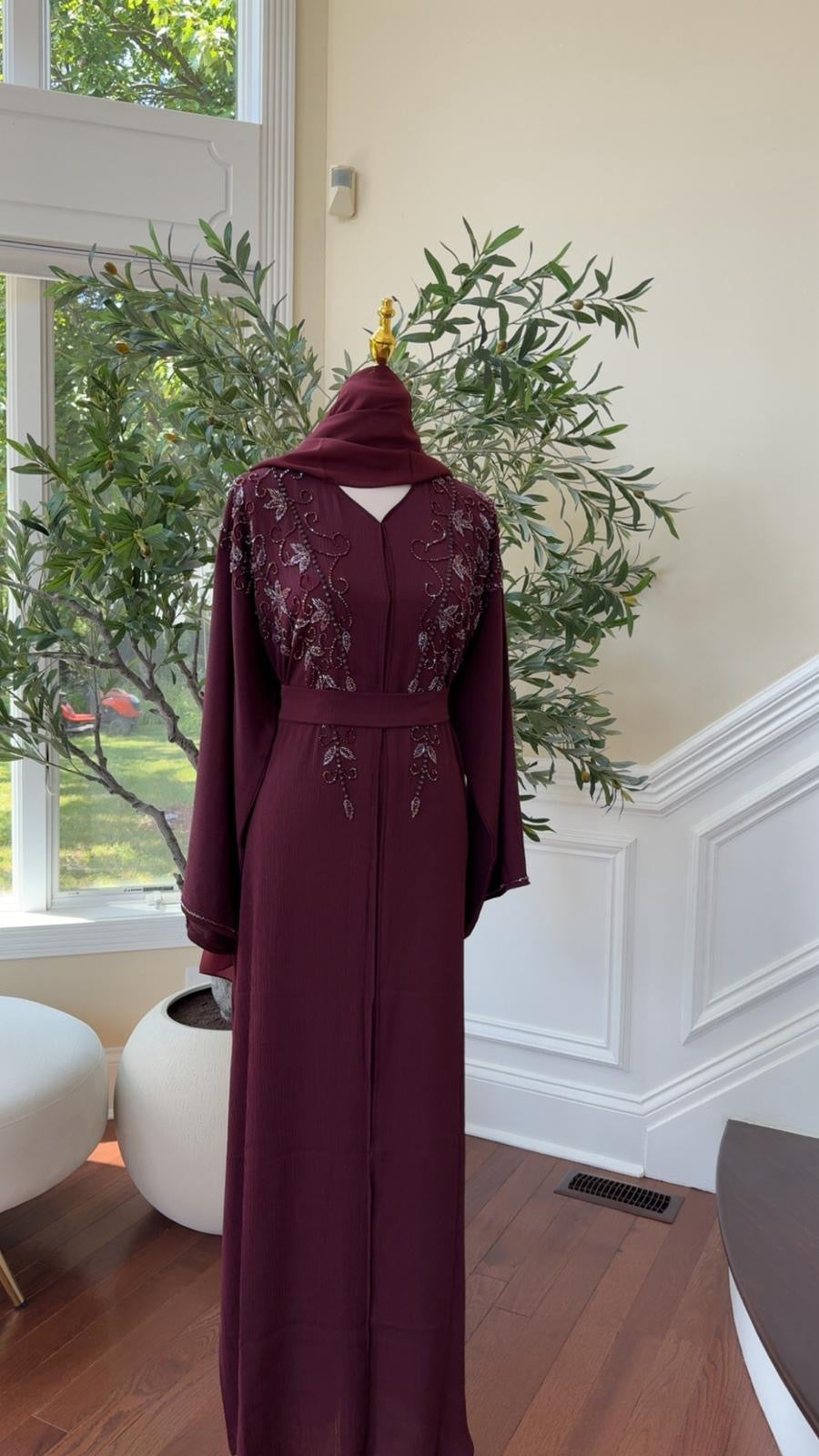 Burgundy Rose Quality Beaded Abaya