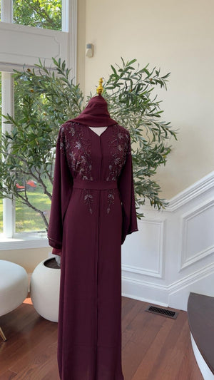 Burgundy Rose Quality Beaded Abaya