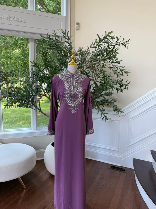 Royal Pink  – Modest Kaftan with Handcrafted Crystal Neckline