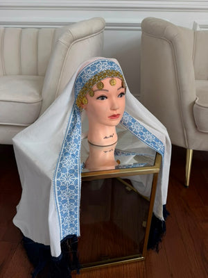 White Embroidery Baby Blue Tatreez Khirka Shal