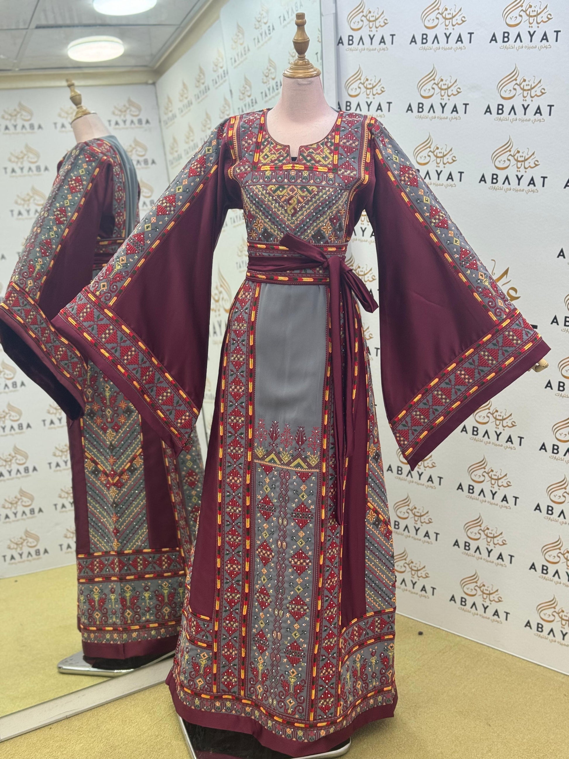 Luxury Palestinian Embroidered Thobe – Burgundy & Grey Traditional Design