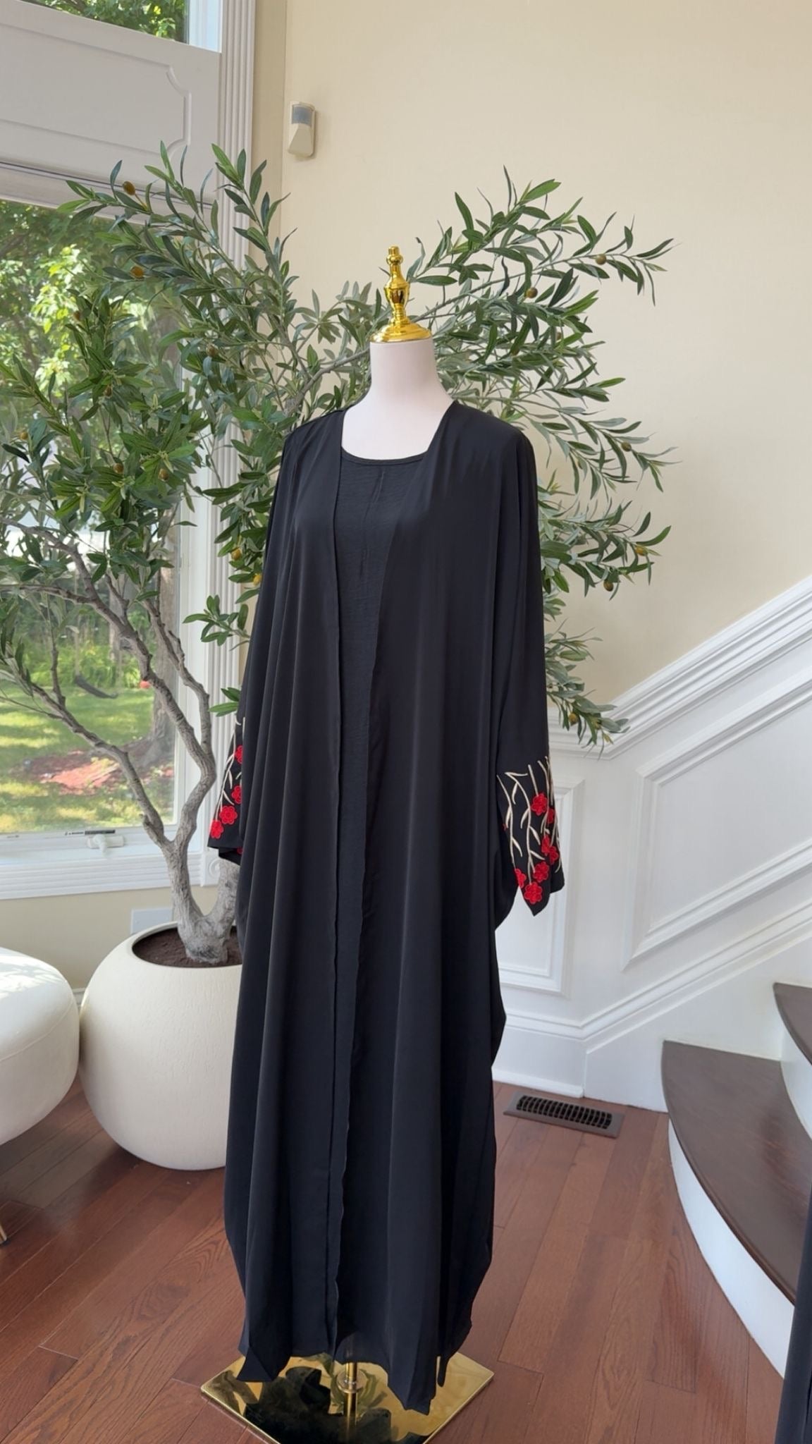 Black Two-Piece Abaya with Red Rose Floral Sleeve Embroidery