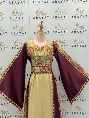 Traditional Palestinian Thobe in Maroon and Beige with Floral Tatreez