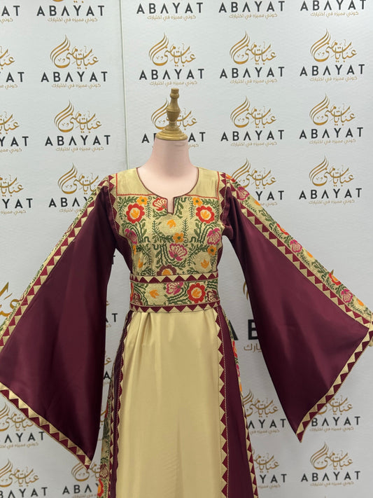 Traditional Palestinian Thobe in Maroon and Beige with Floral Tatreez