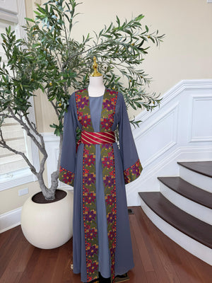 Grey Embroidery Floral Tatreez Thobe