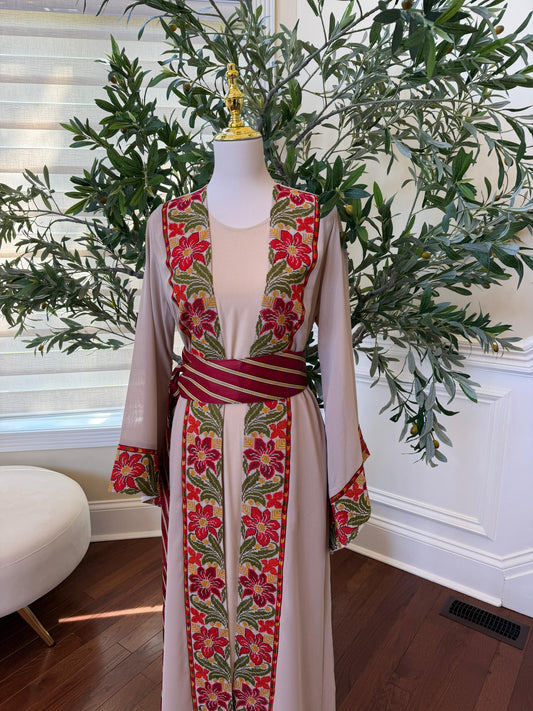 Tan Floral Embroidery Tatreez Thobe