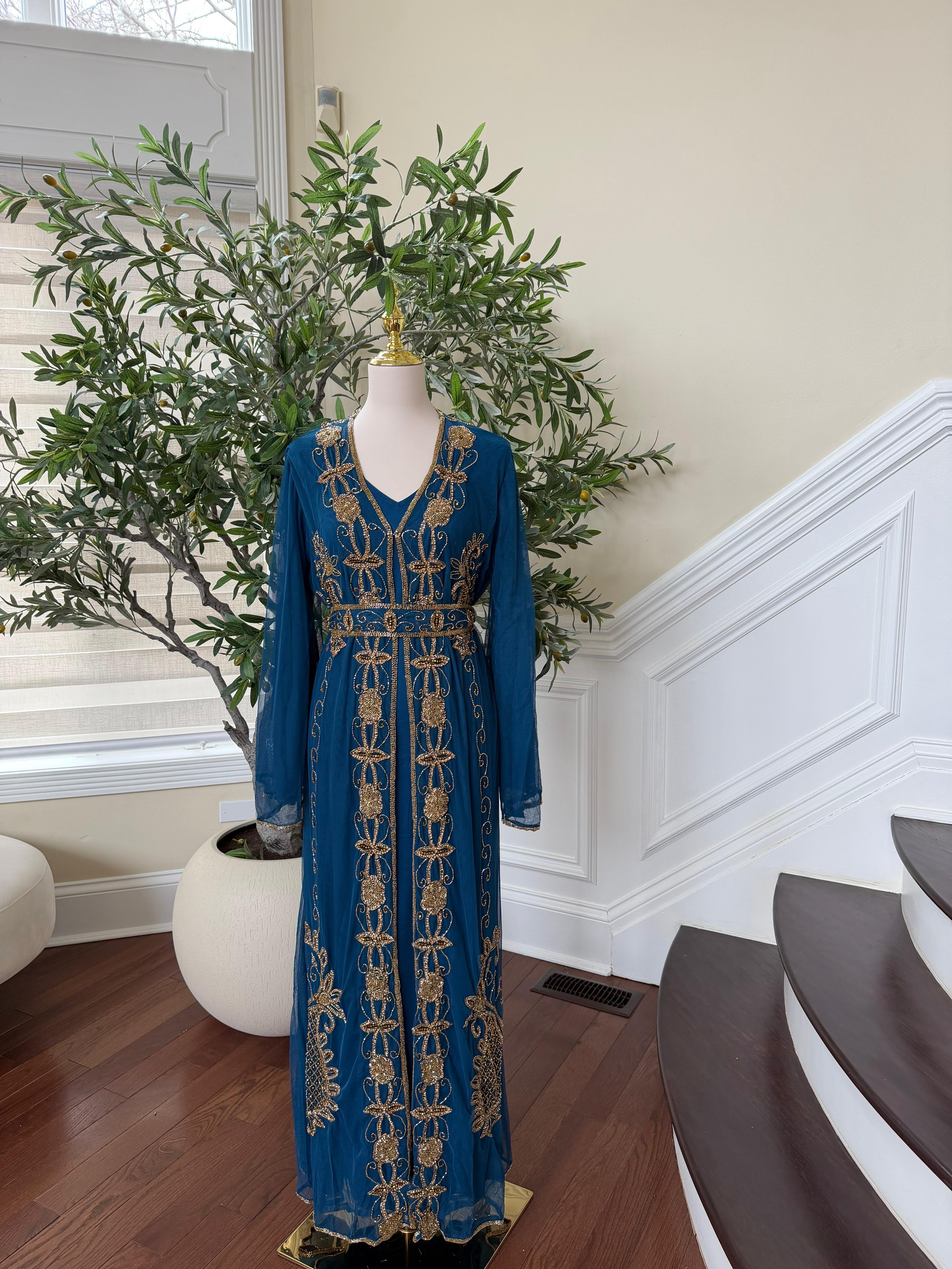 Golden Turquoise Detail Stone Cardigan Abaya