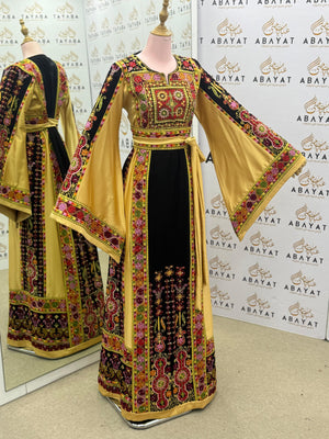 Traditional Palestinian Thobe in Black & Gold with Multicolor Tatreez