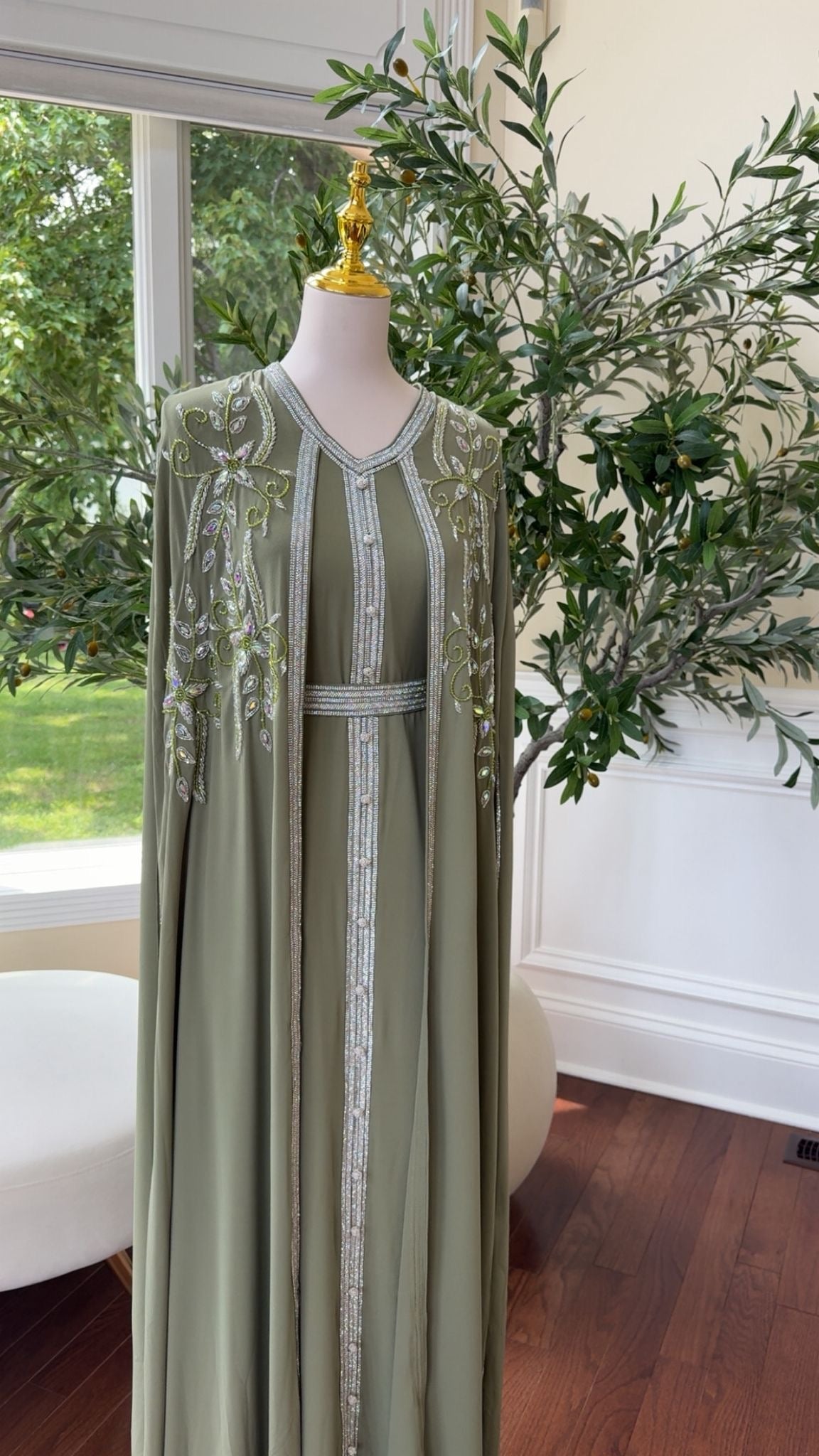 Sage Green Embellished Chiffon Kaftan Crystal Vine Detail
