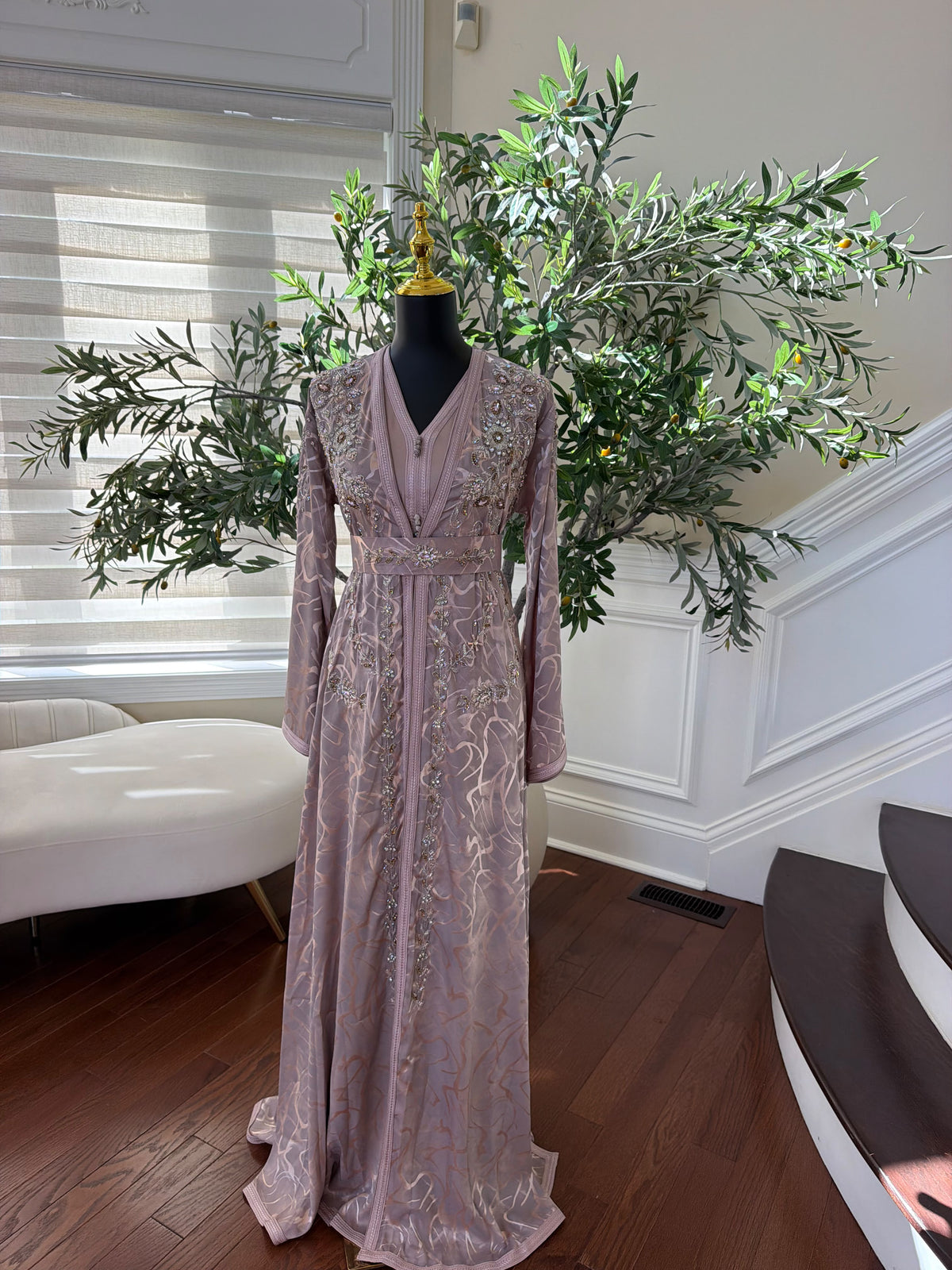 Elegant Dusty Rose Embroidered Moroccan Kaftan