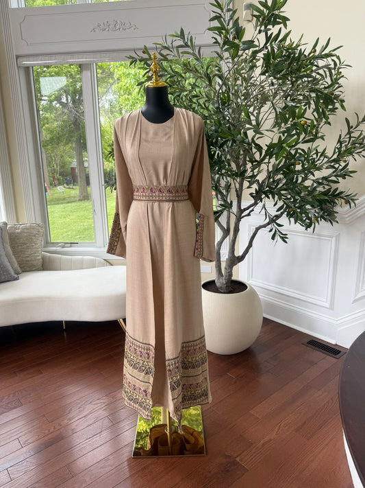 Elegant Tan Tatreez Cardigan Abaya