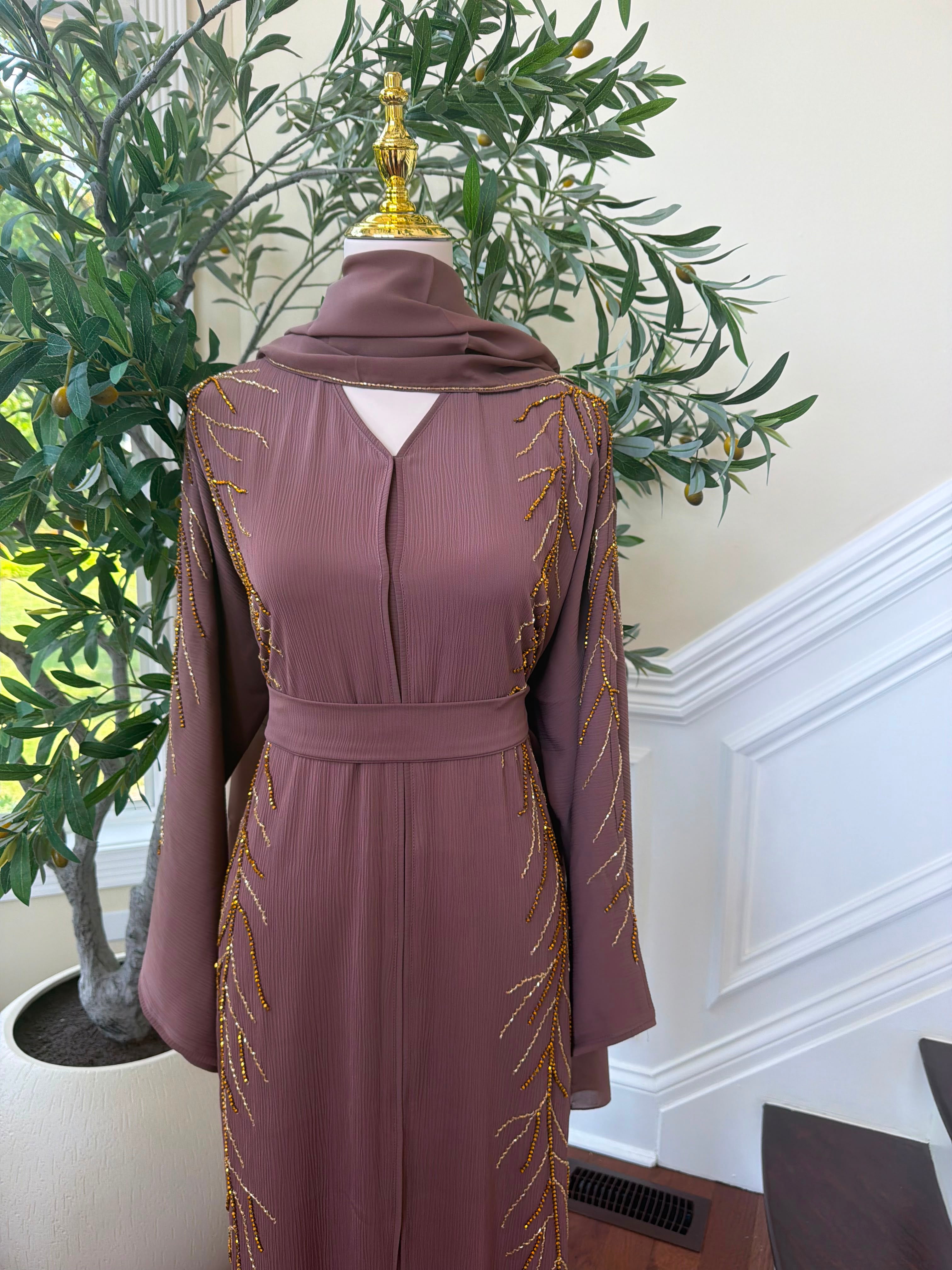 Muave Golden Beaded Abaya