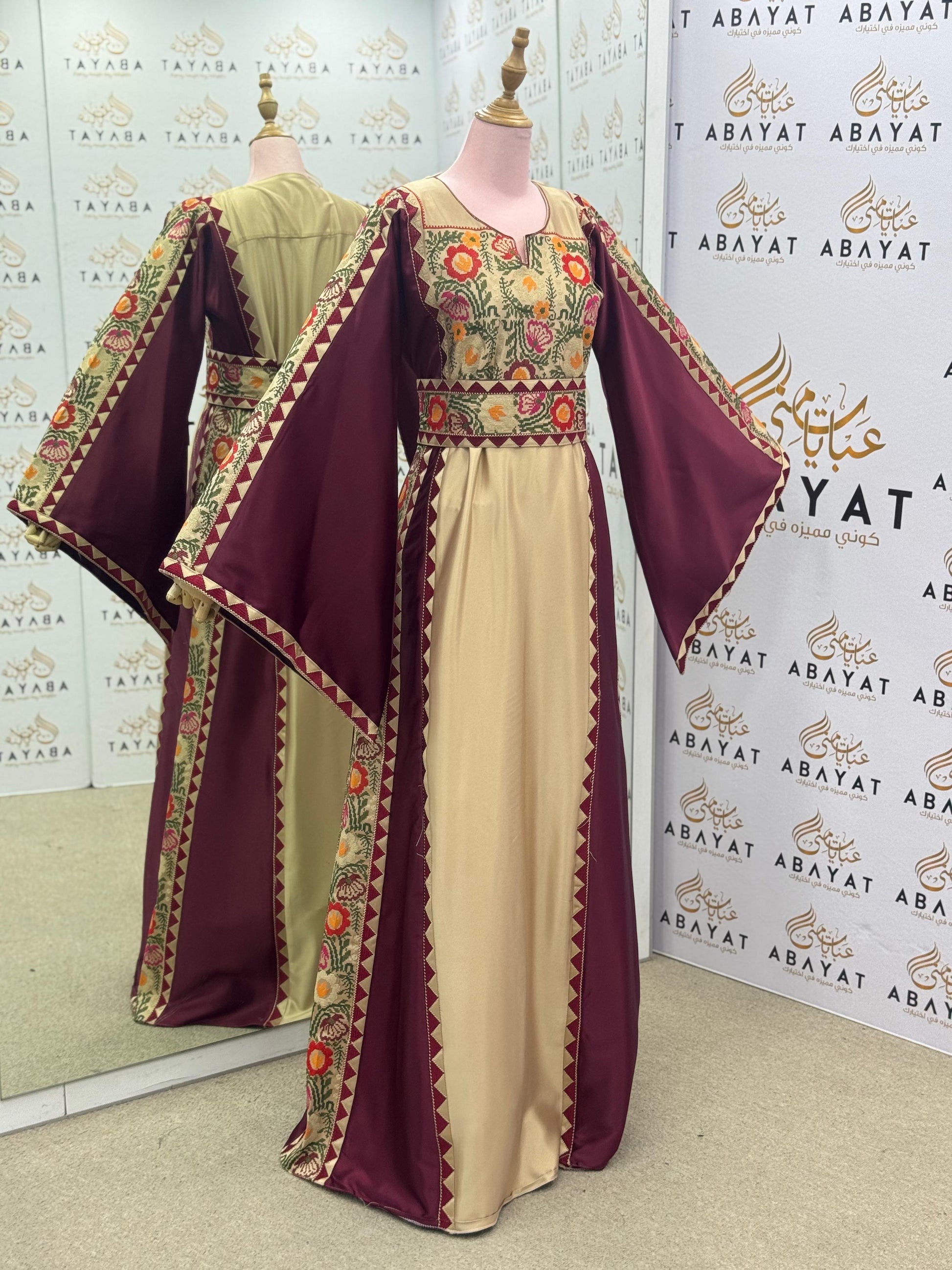 Traditional Palestinian Thobe in Maroon and Beige with Floral Tatreez