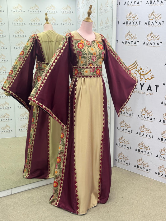 Traditional Palestinian Thobe in Maroon and Beige with Floral Tatreez