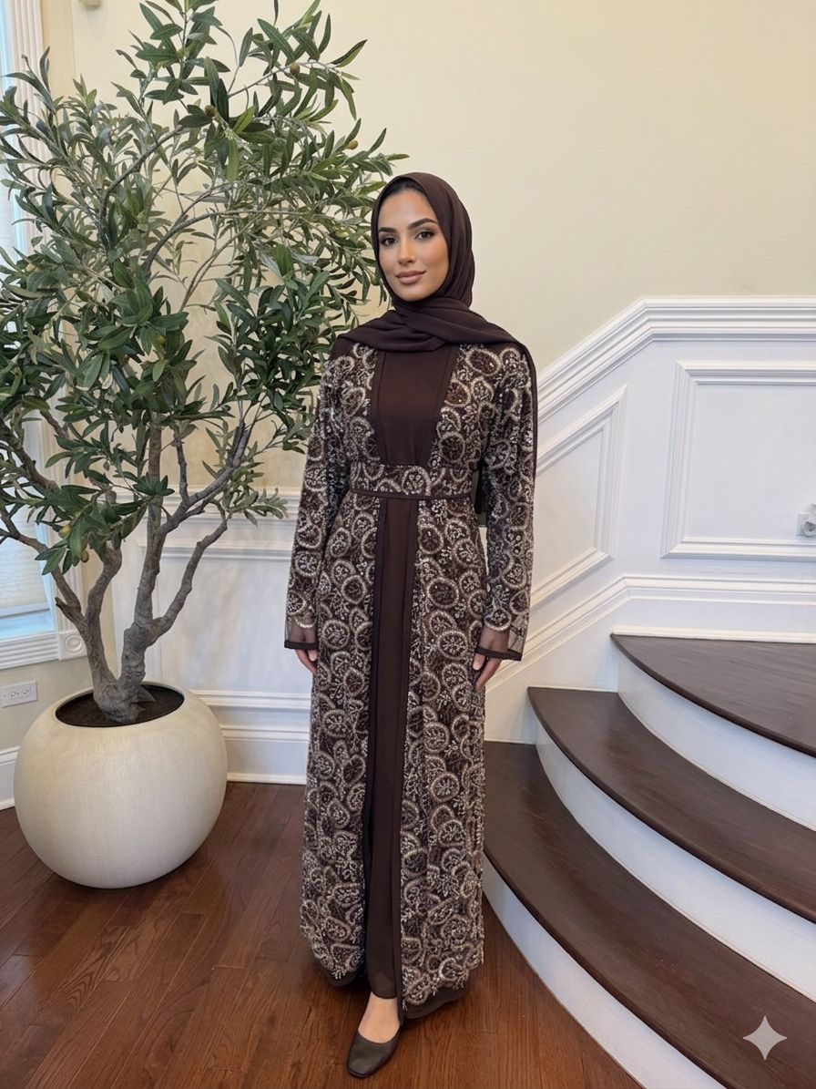 Brown Sequin Two Piece Abaya