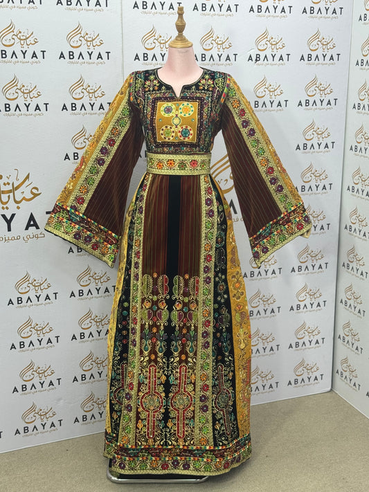 Jana & Nar Velvet Thobe – Golden Palestinian Tatreez Design