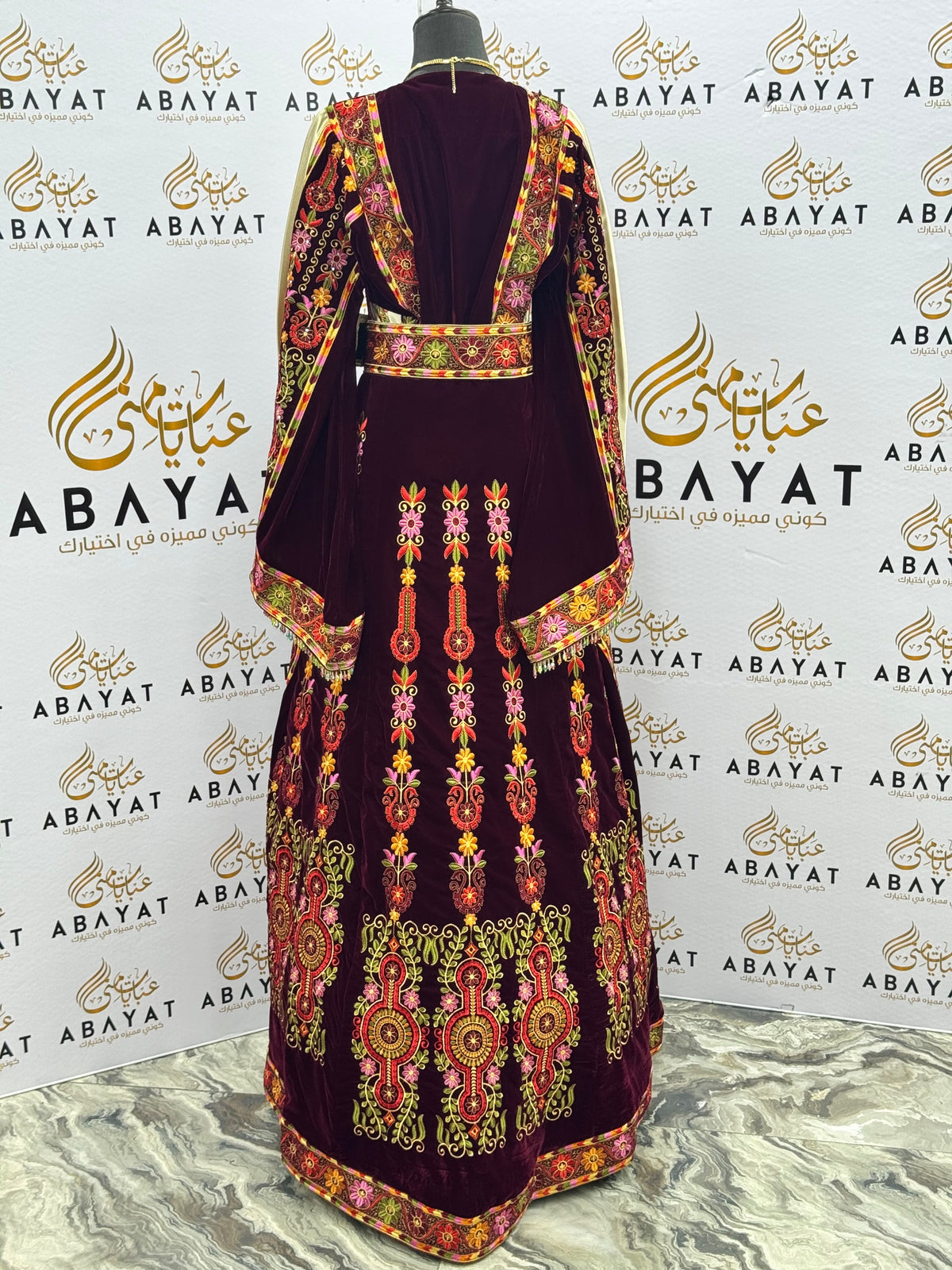 Burgundy Velvet Palestinian Embroidered Thobe with Multicolor Tatreez, Traditional Shawl & Overskirt Set