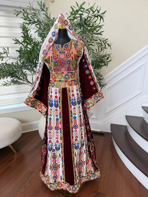 Velvet Maroon and White Traditional Tatreez Sabal Kharaz Detail Thobe