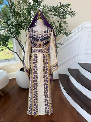 Cream makmal thobe with purple flowers (scarf not included)