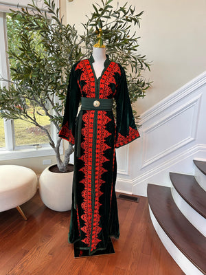 Green Velvet Embellished Red Kuftan