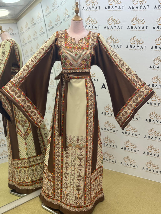 Luxury Palestinian Embroidered Thobe – Brown Traditional Design