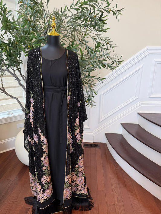 Black Sparkle Floral Abaya
