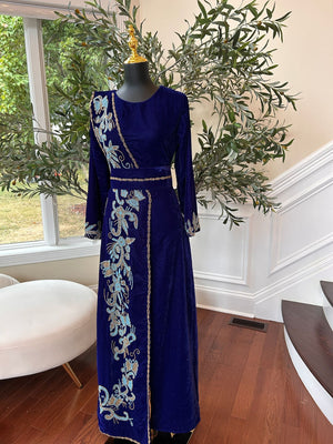 Blue Velvet Stone Charm Kuftan Dress