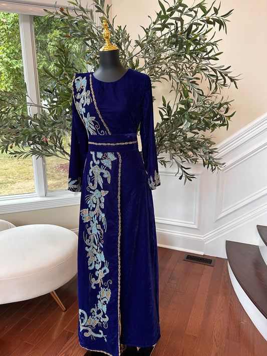 Blue Velvet Stone Charm Kuftan Dress