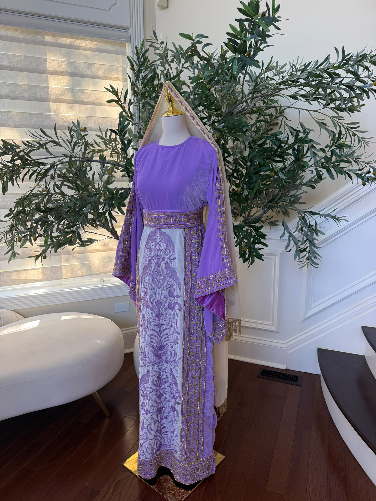 Elegant Lavender Velvet Palestinian Thobe with Gold Embroidery(scarf not included)