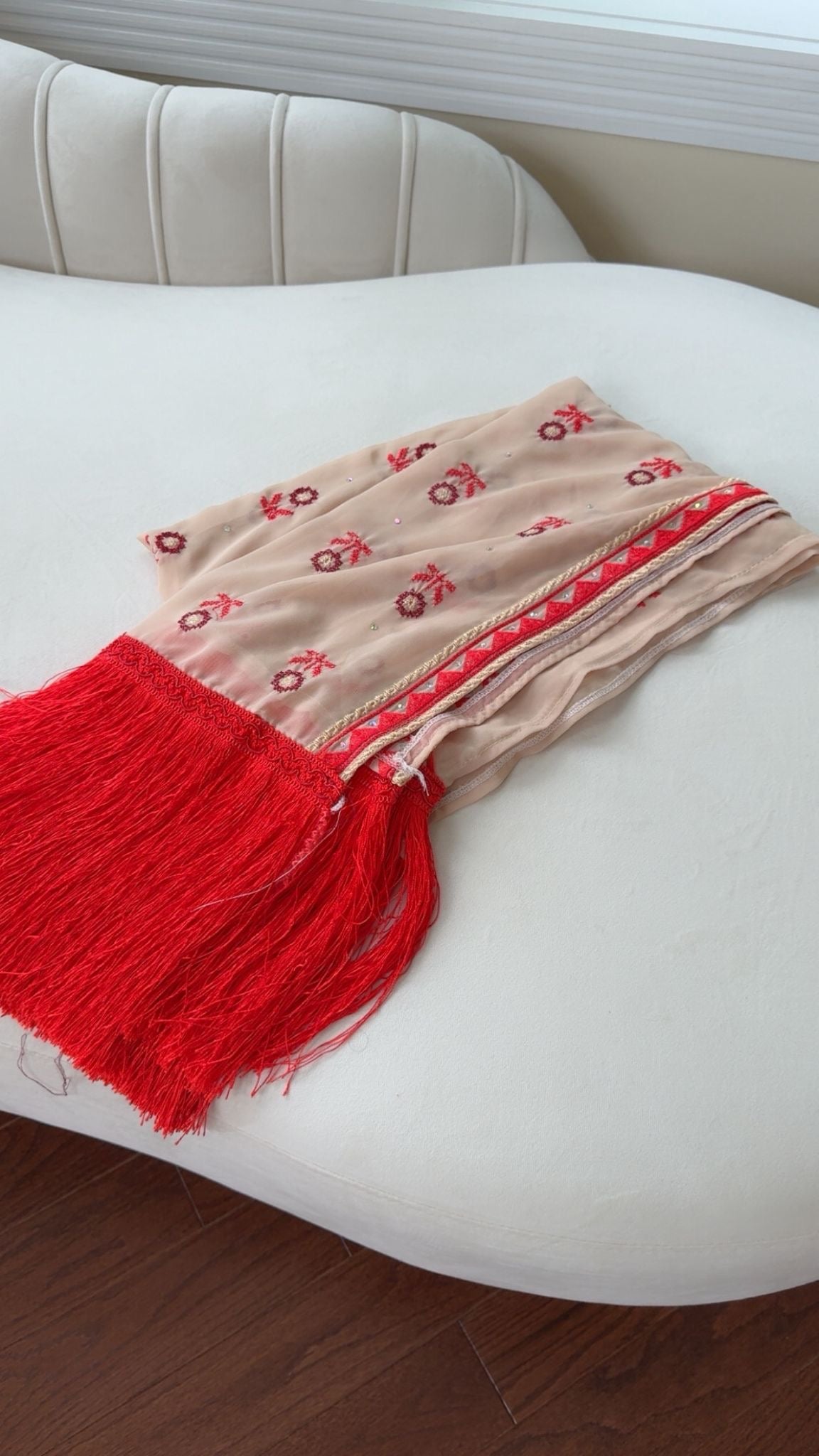 Cream/ Red Tatreez Khirka Shal
