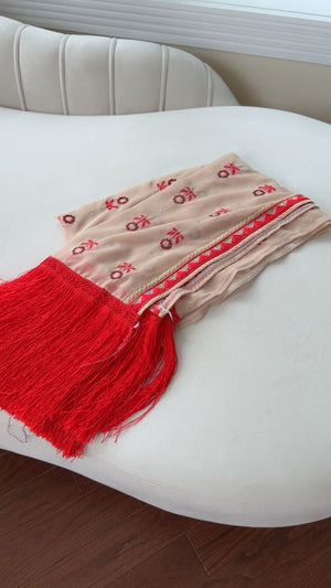 Cream/ Red Tatreez Khirka Shal