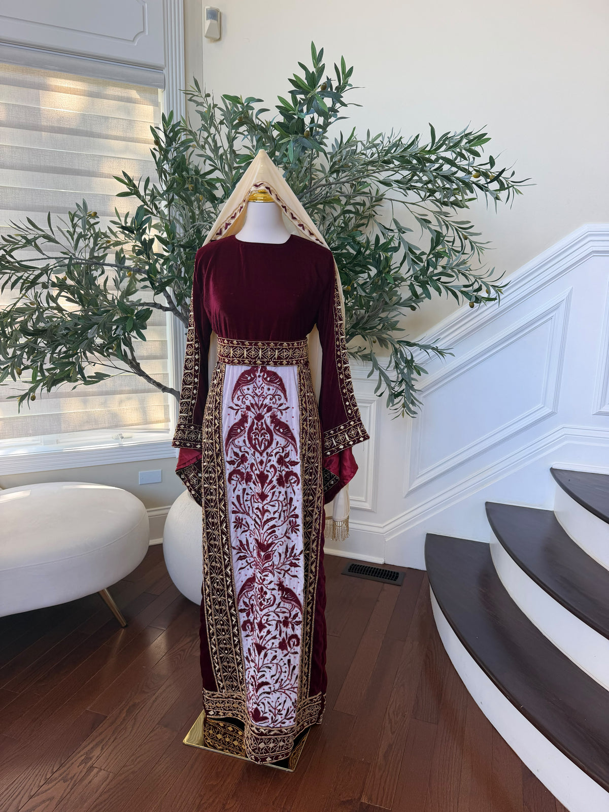 Elegant Burgundy Velvet Palestinian Thobe with Gold Embroidery