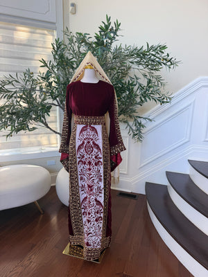 Elegant Burgundy Velvet Palestinian Thobe with Gold Embroidery