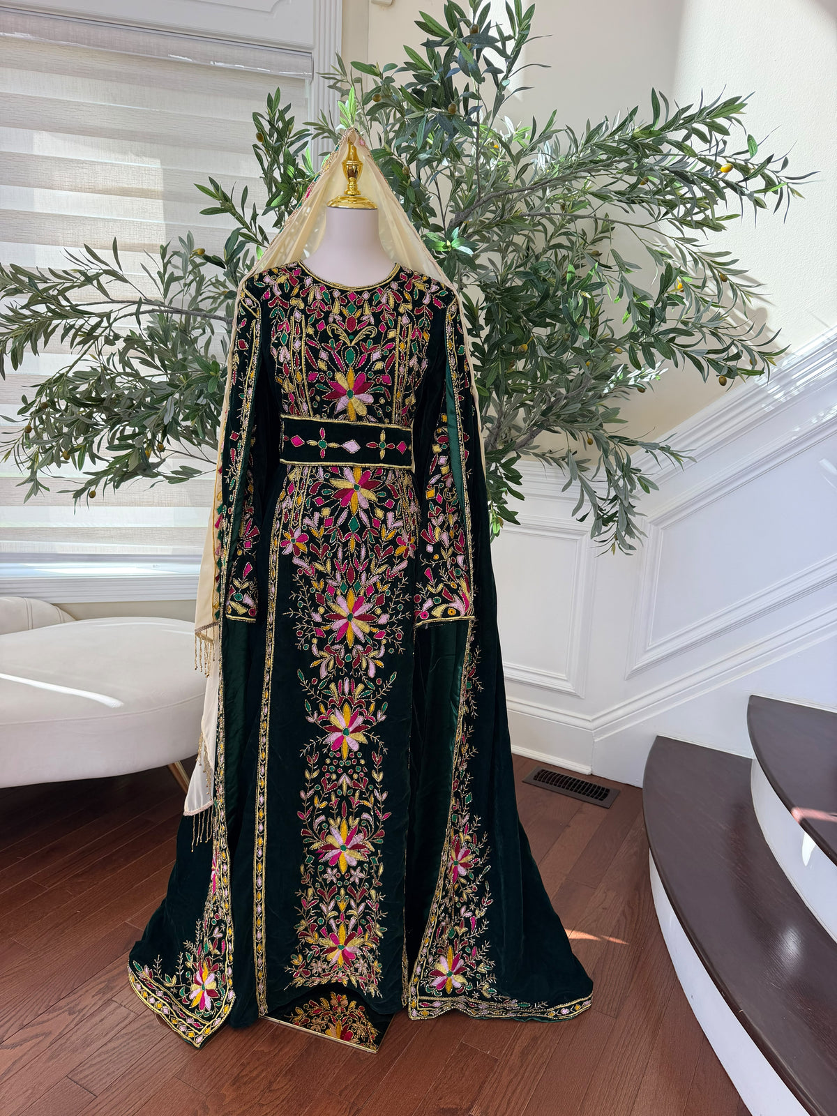 Elegant Black Palestinian Thobe with Colorful Floral Embroidery and Detachable Shoulder Cape (scarf not included)