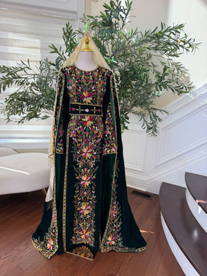 Elegant Black Palestinian Thobe with Colorful Floral Embroidery and Detachable Shoulder Cape (scarf not included)