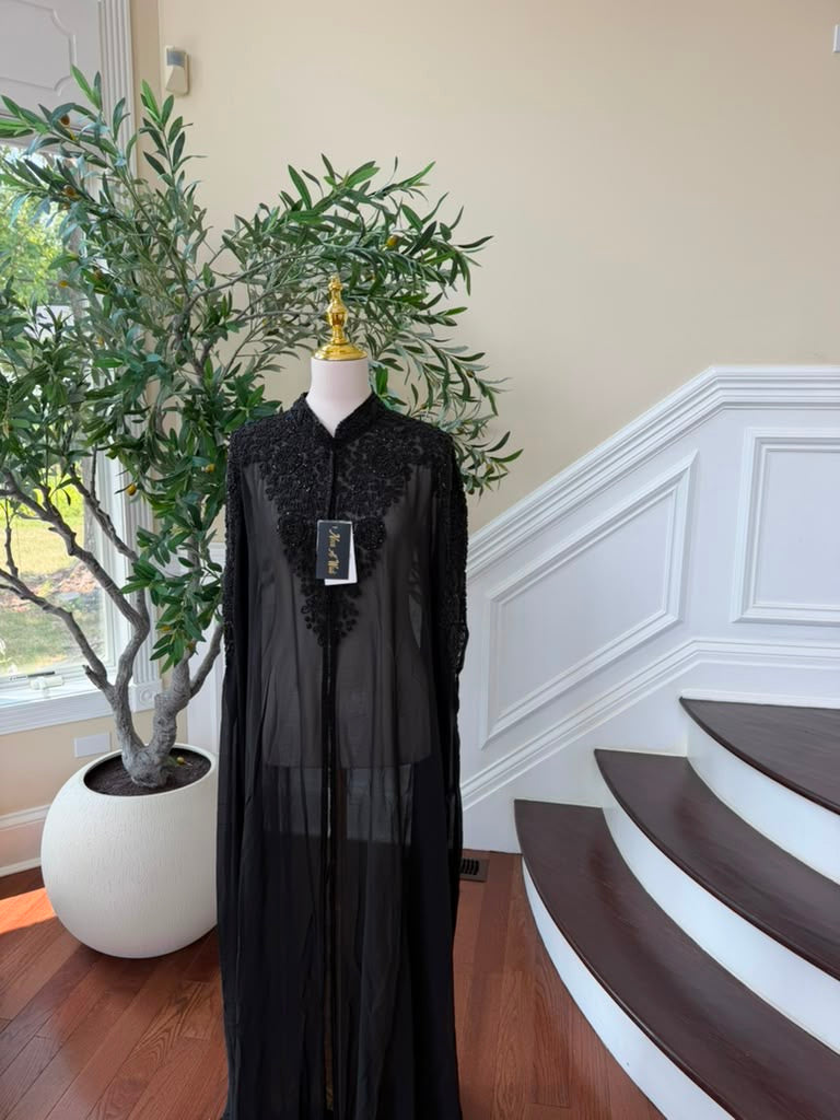 Black Beaded Elegance Charm Cardigan Abaya