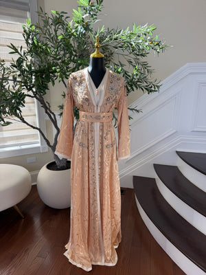 Elegant Peach Embroidered Kaftan with Silver Beadwork